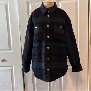 House of Harlow 1960 Black/Blue Plaid Shacket with fringe-Snap Front-Small